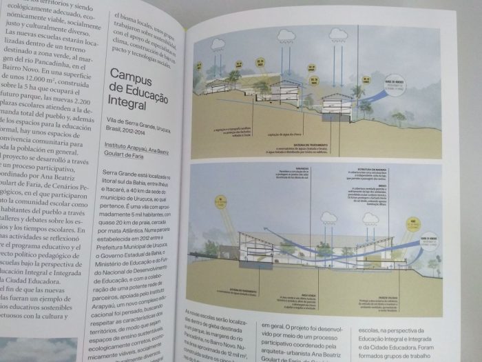 Página interna da publicação Urbanismo Ecológico na América Latina, que deu destaque para o projeto arquitetônico do Centro de Educação Integral em Serra Grande (BA)